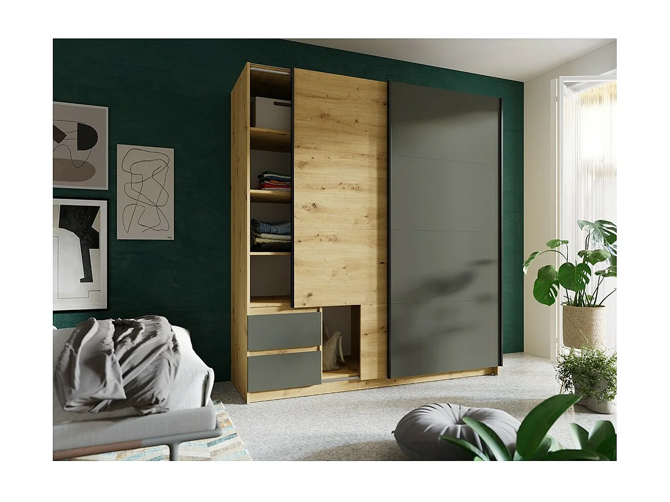 Armoire 180cm avec 2 portes coulissantes et 2 tiroirs coloris chêne et gris anthracite. Collection ARIELLE