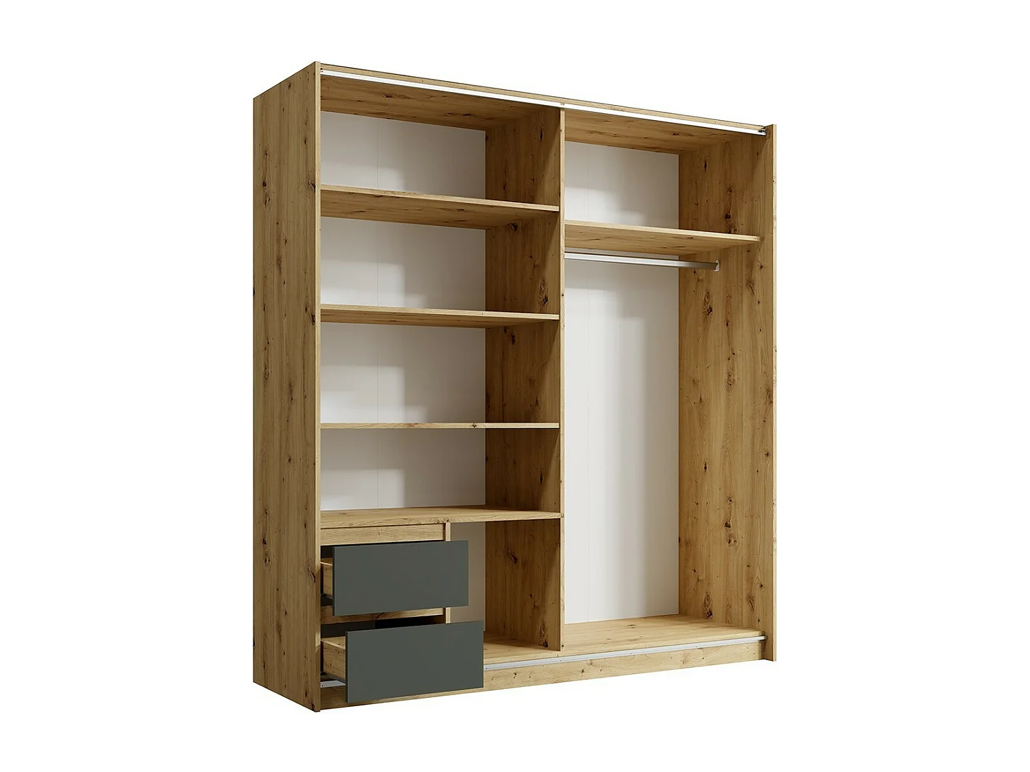 Armoire 180cm avec 2 portes coulissantes et 2 tiroirs coloris chêne et gris anthracite. Collection ARIELLE