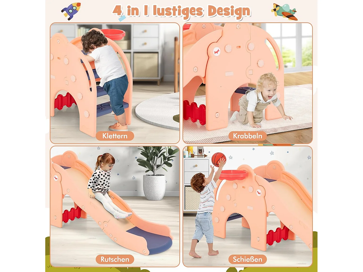 Rutsche Outdoor, 4 in 1 Kinder Rutsche & Tunnel & Basketballkorb & Leiter, für Kinder ab 18 Monaten Rosa FE32327