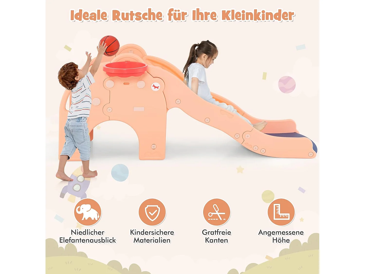 Rutsche Outdoor, 4 in 1 Kinder Rutsche & Tunnel & Basketballkorb & Leiter, für Kinder ab 18 Monaten Rosa FE32327