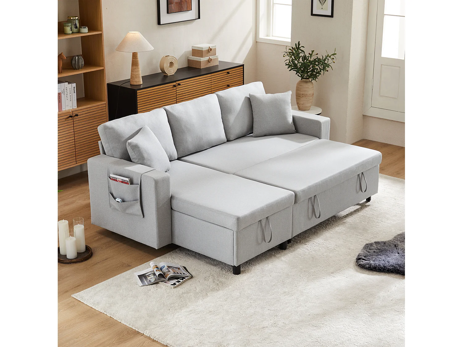 Canapé d'angle convertible, 3 places, avec fonction de couchage, coffre de rangement, Canapé-lit de capitonné - gris clair