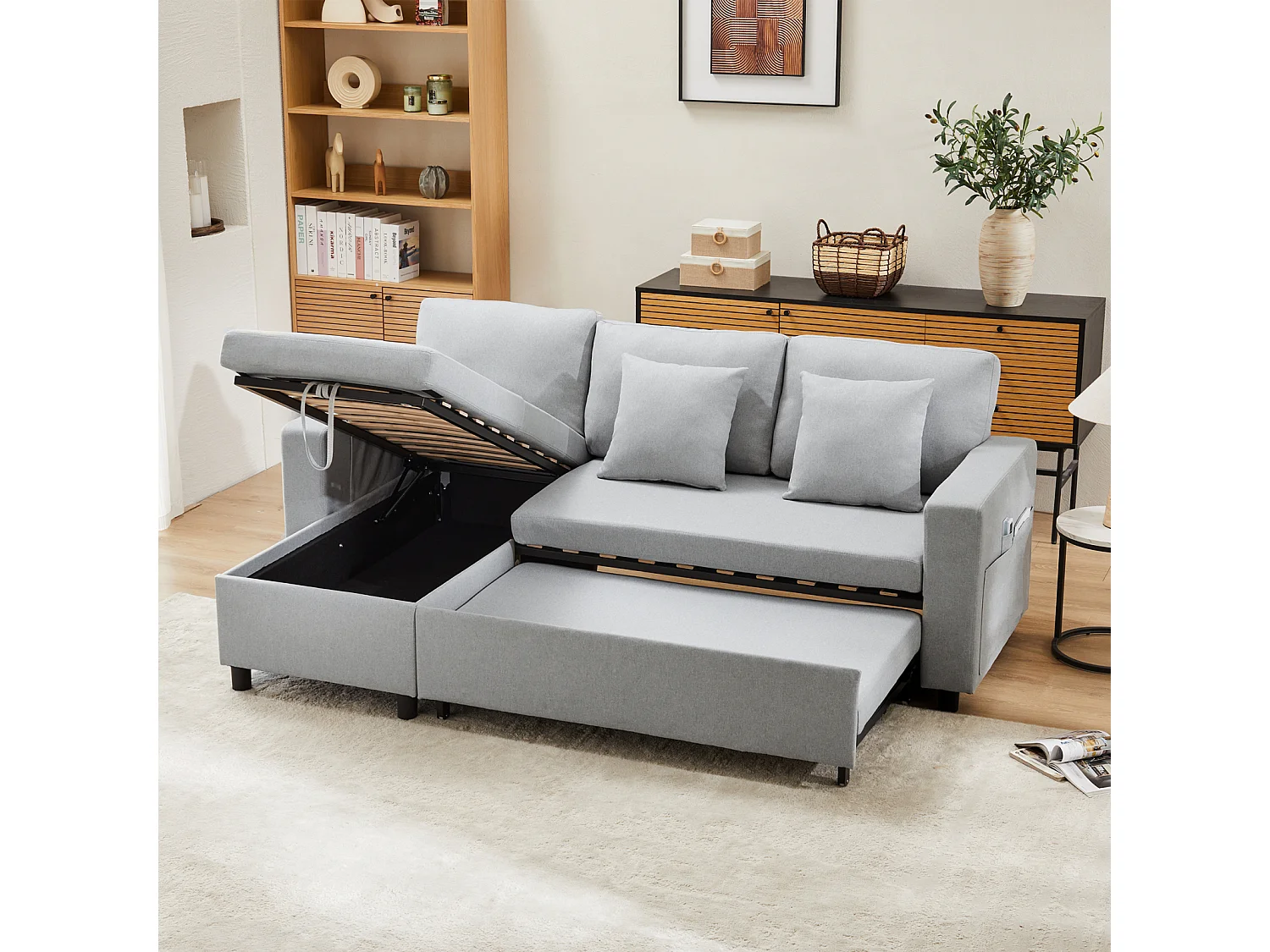 Canapé d'angle convertible, 3 places, avec fonction de couchage, coffre de rangement, Canapé-lit de capitonné - gris clair