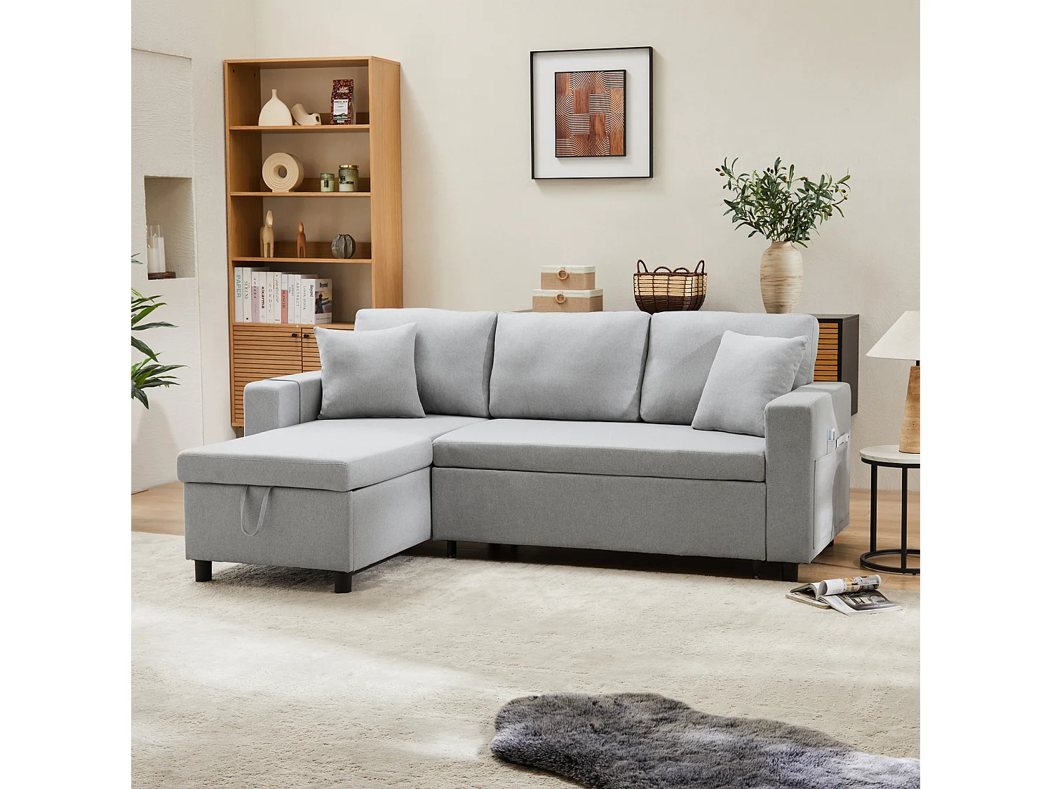 Canapé d'angle convertible, 3 places, avec fonction de couchage, coffre de rangement, Canapé-lit de capitonné - gris clair