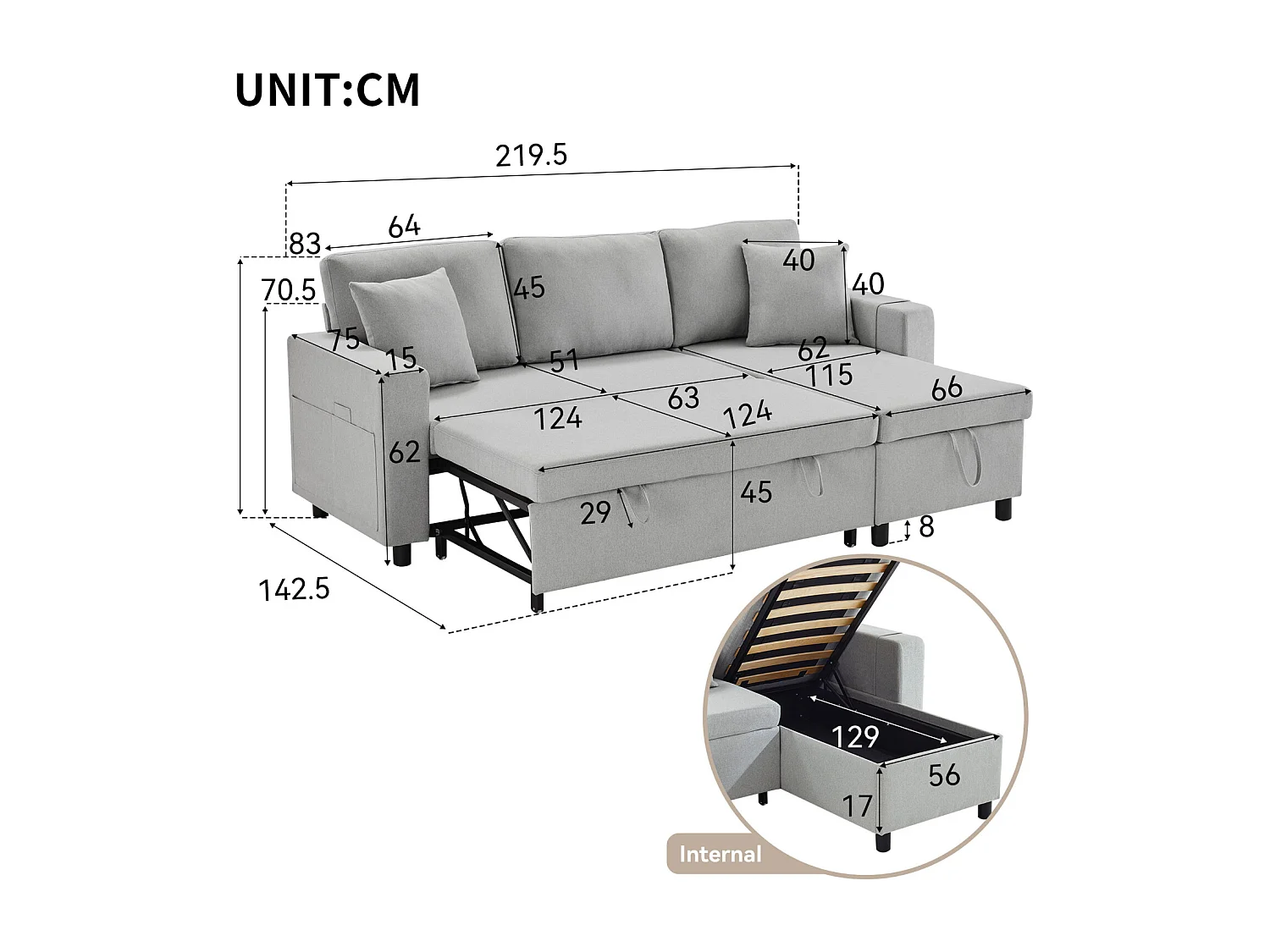 Canapé d'angle convertible, 3 places, avec fonction de couchage, coffre de rangement, Canapé-lit de capitonné - gris clair