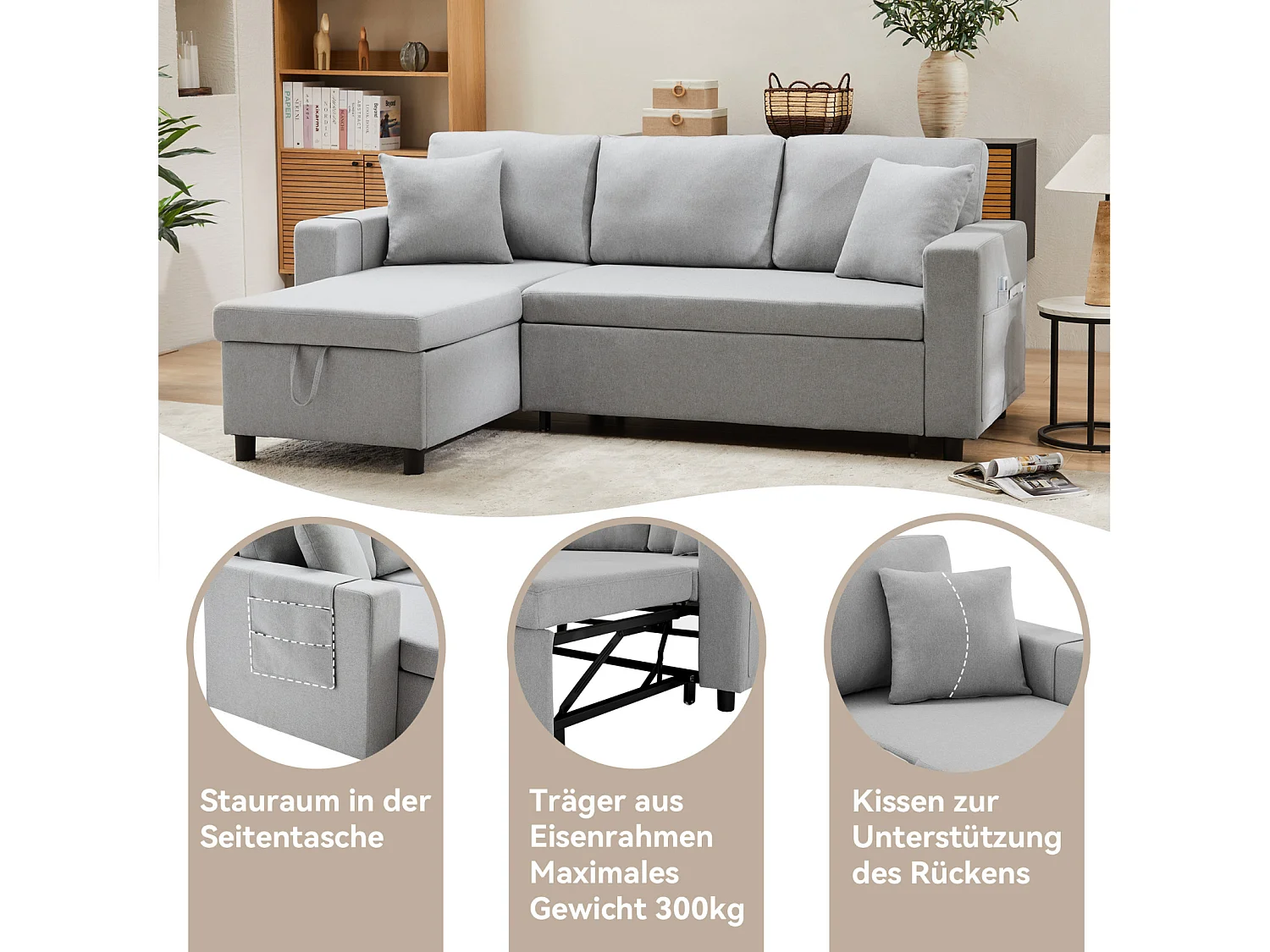 Canapé d'angle convertible, 3 places, avec fonction de couchage, coffre de rangement, Canapé-lit de capitonné - gris clair