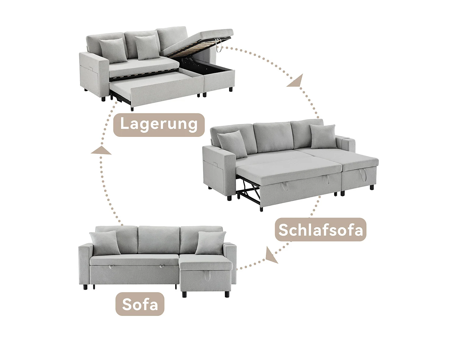 Canapé d'angle convertible, 3 places, avec fonction de couchage, coffre de rangement, Canapé-lit de capitonné - gris clair