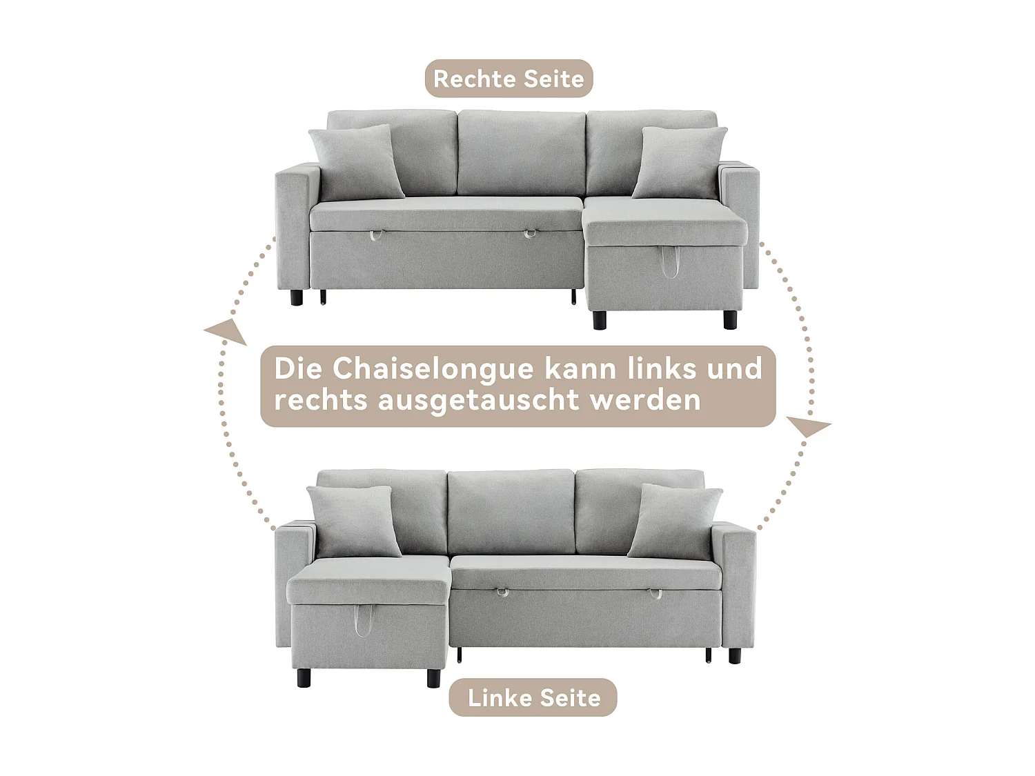 Canapé d'angle convertible, 3 places, avec fonction de couchage, coffre de rangement, Canapé-lit de capitonné - gris clair