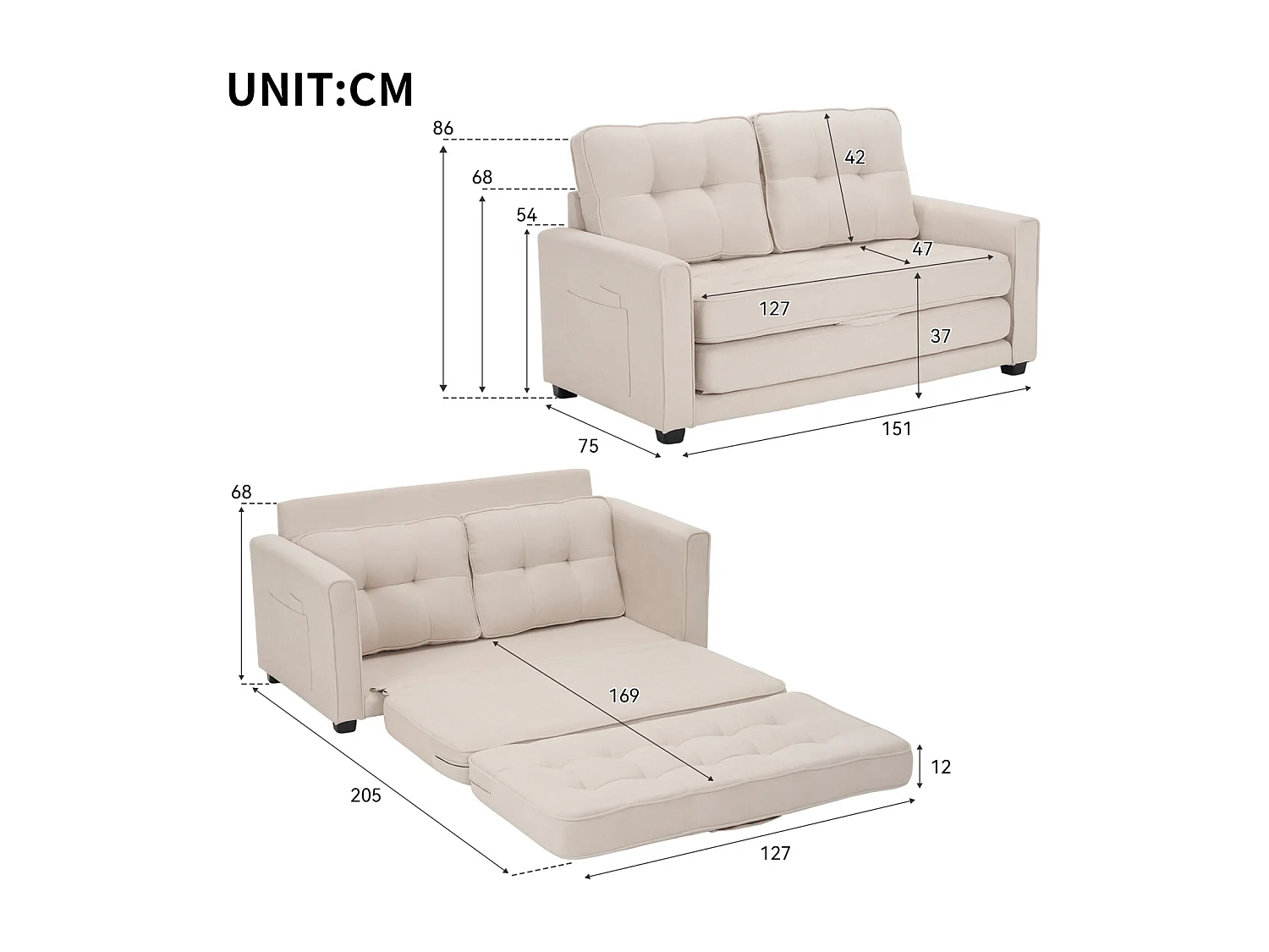 2-zitsbank, 151x75x86cm, slaapbank, met zijzakken, linnen stof, beige