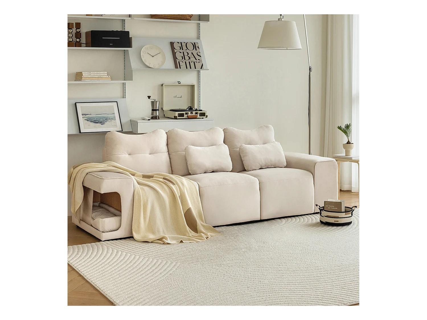 Canapé 3 places, avec 2 nids de chats et coussins, en tissu velours, style scandinave, beige 228x73x79.5cm