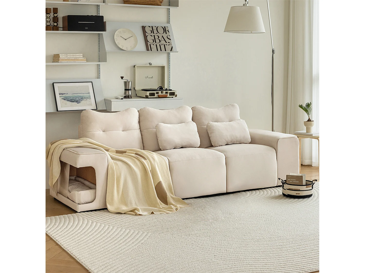 Canapé 3 places, avec 2 nids de chats et coussins, en tissu velours, style scandinave, beige 228x73x79.5cm
