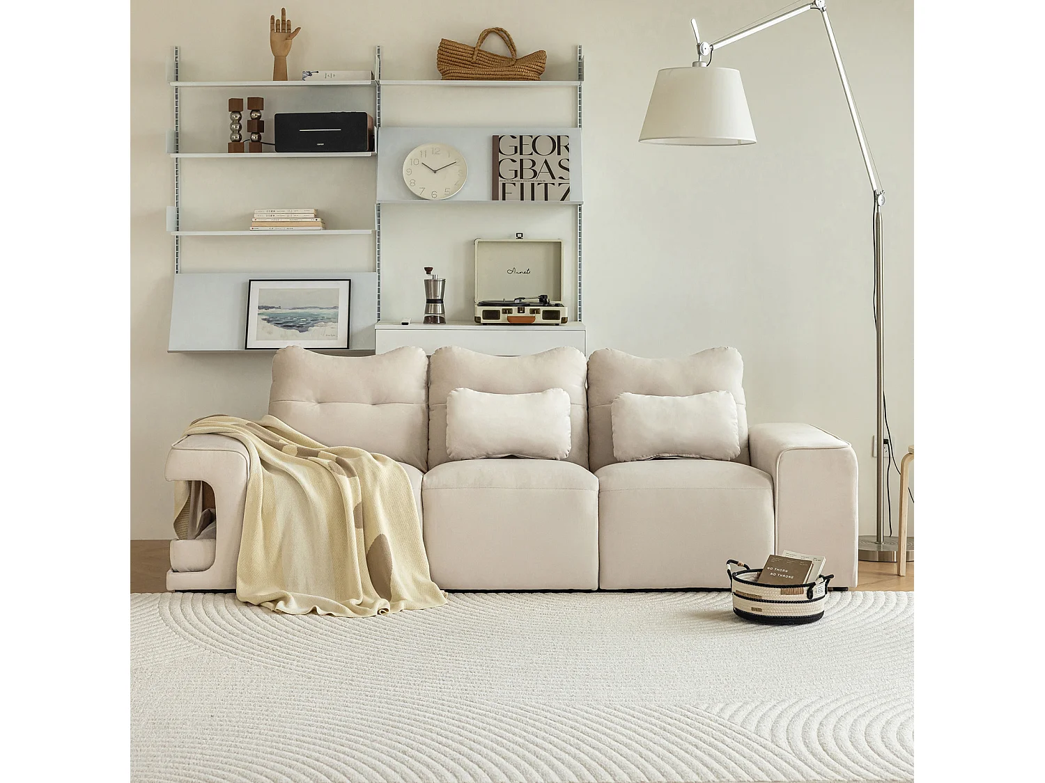 Canapé 3 places, avec 2 nids de chats et coussins, en tissu velours, style scandinave, beige 228x73x79.5cm