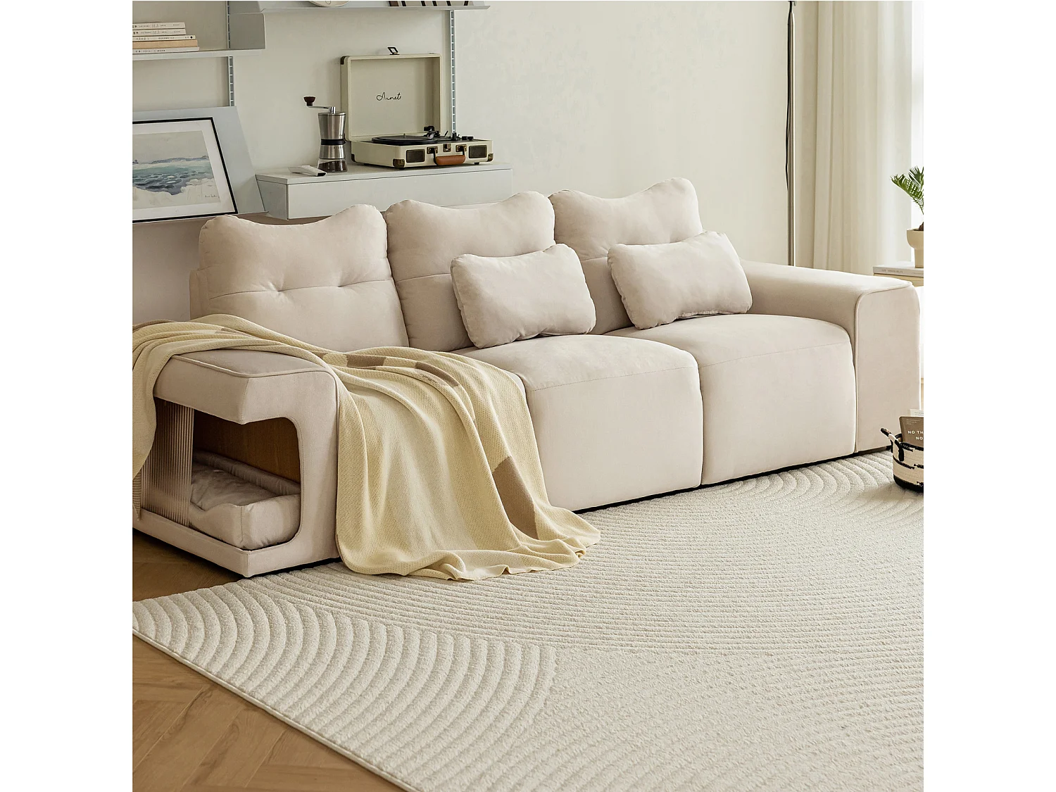 Canapé 3 places, avec 2 nids de chats et coussins, en tissu velours, style scandinave, beige 228x73x79.5cm