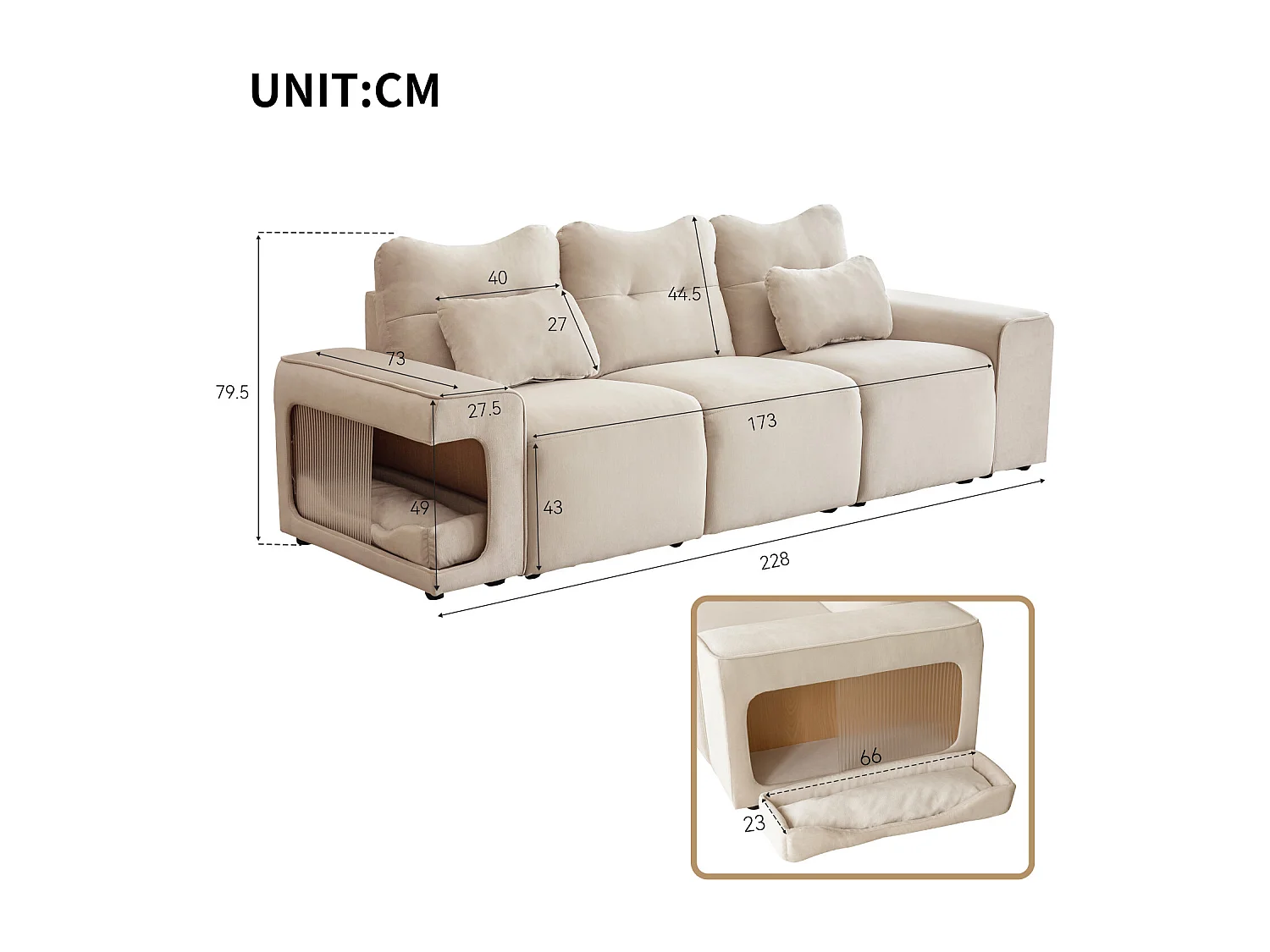 Canapé 3 places, avec 2 nids de chats et coussins, en tissu velours, style scandinave, beige 228x73x79.5cm