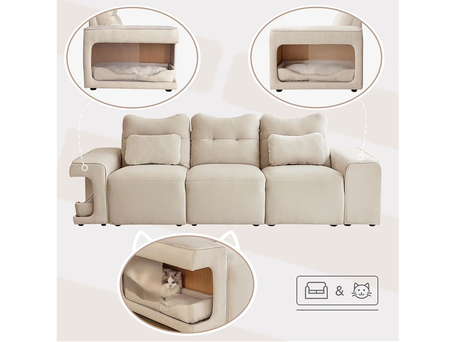 Canapé 3 places, avec 2 nids de chats et coussins, en tissu velours, style scandinave, beige 228x73x79.5cm