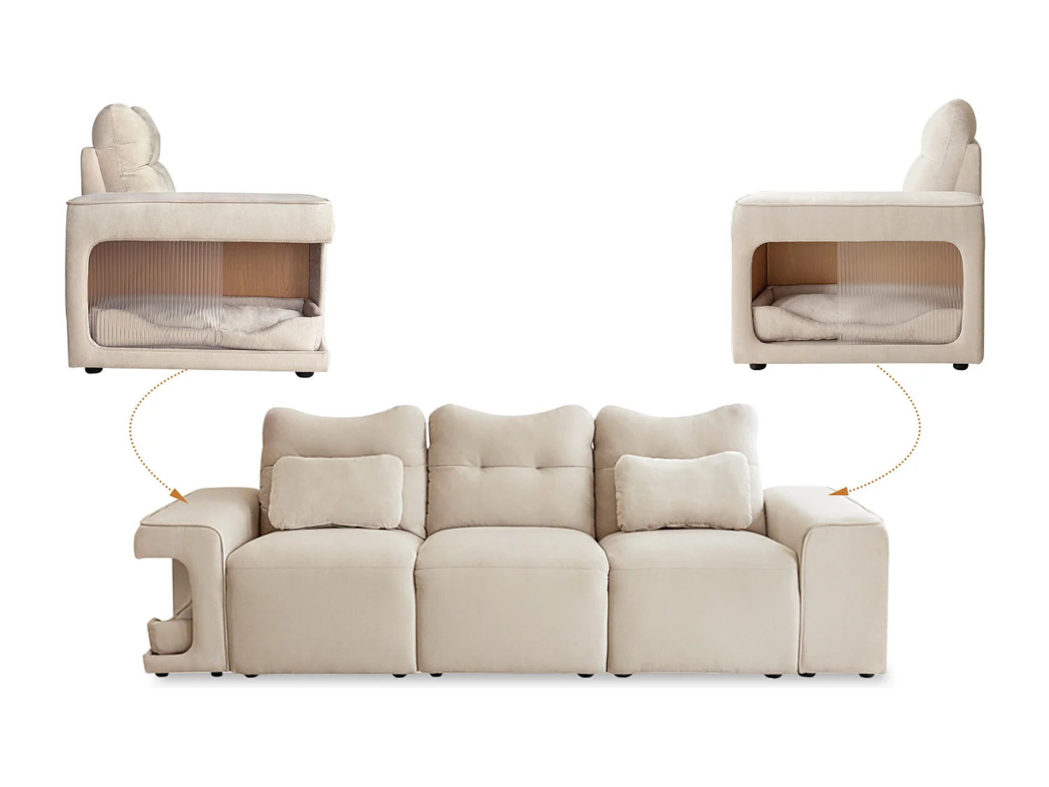 Canapé 3 places, avec 2 nids de chats et coussins, en tissu velours, style scandinave, beige 228x73x79.5cm