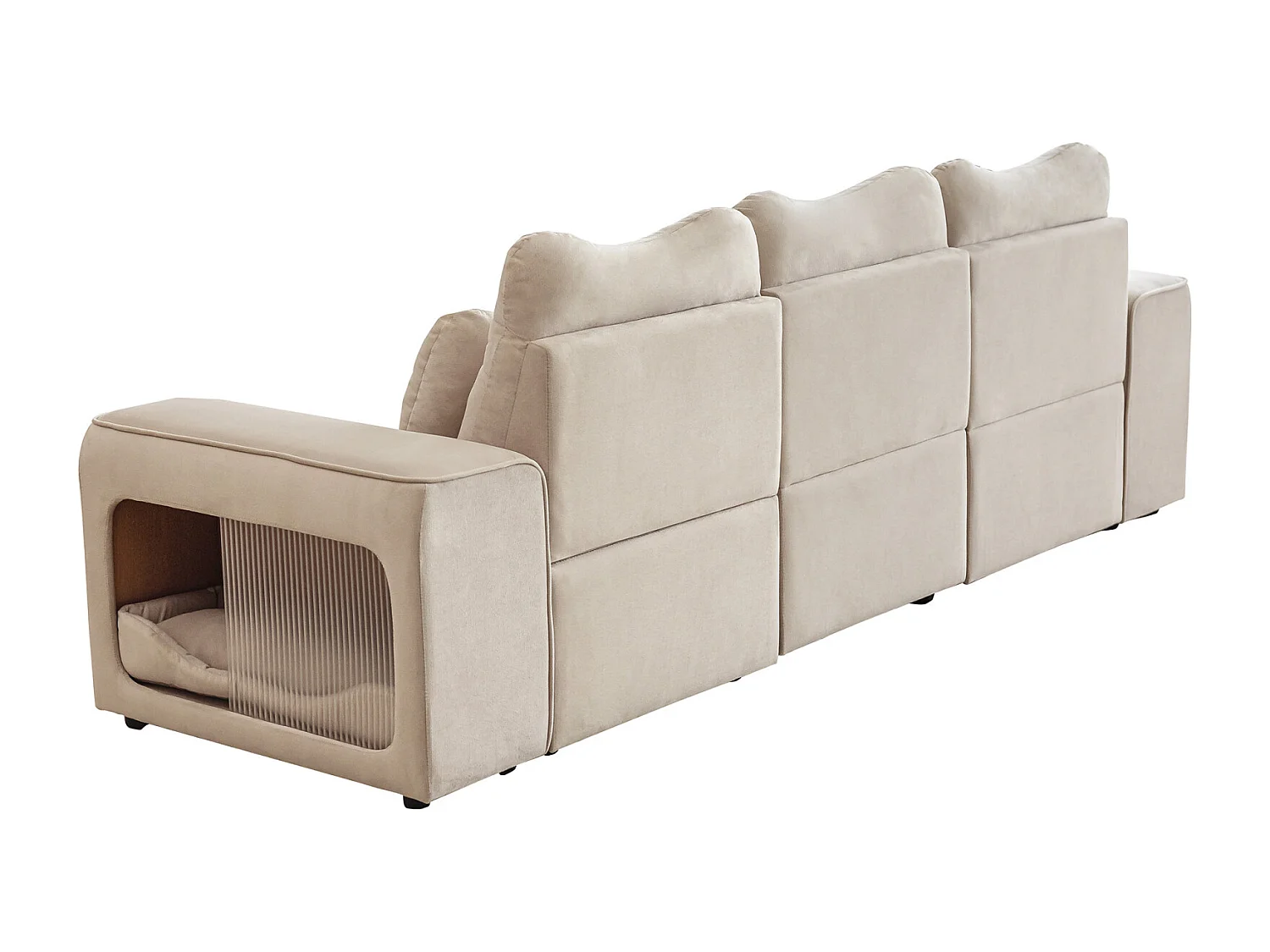 Canapé 3 places, avec 2 nids de chats et coussins, en tissu velours, style scandinave, beige 228x73x79.5cm