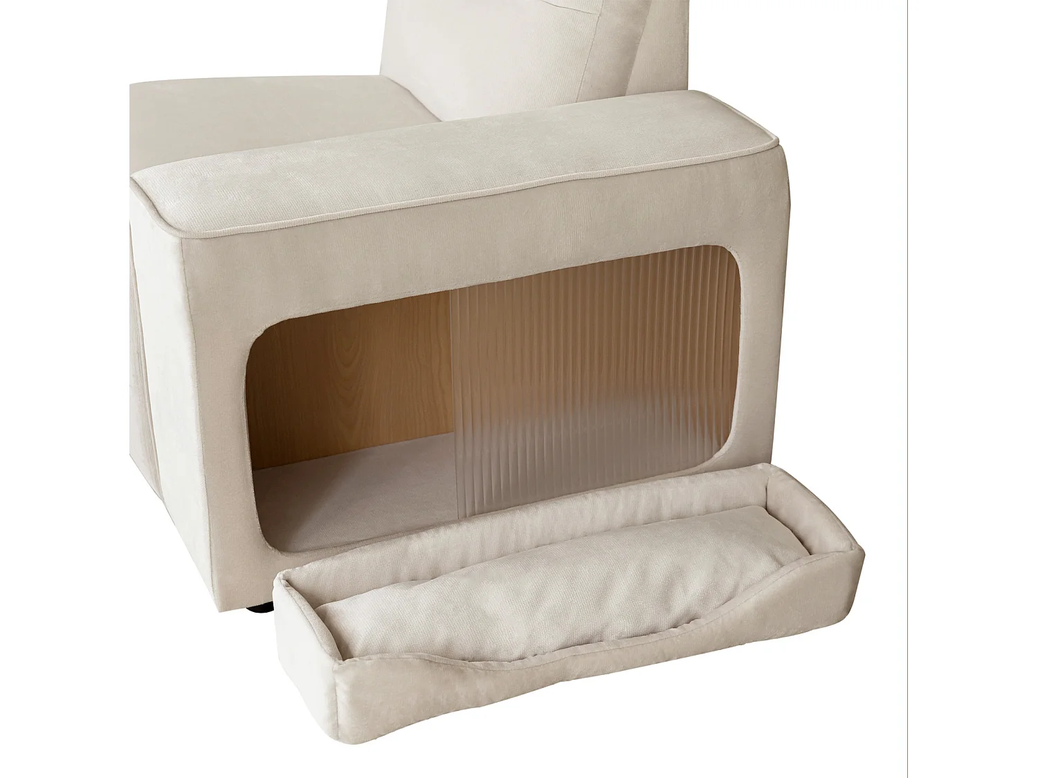 Canapé 3 places, avec 2 nids de chats et coussins, en tissu velours, style scandinave, beige 228x73x79.5cm