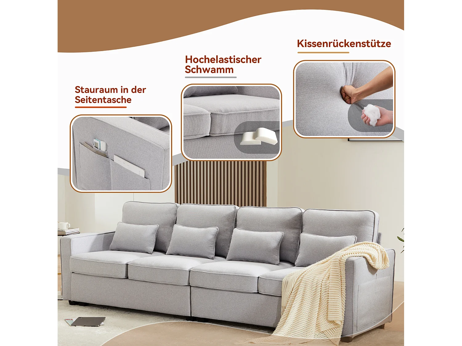 Sofá de 4 lugares, 264x83x87cm, tecido linho, com bolsos para os braços e 4 almofadas, estilo simples, para sala de estar, cinzento claro