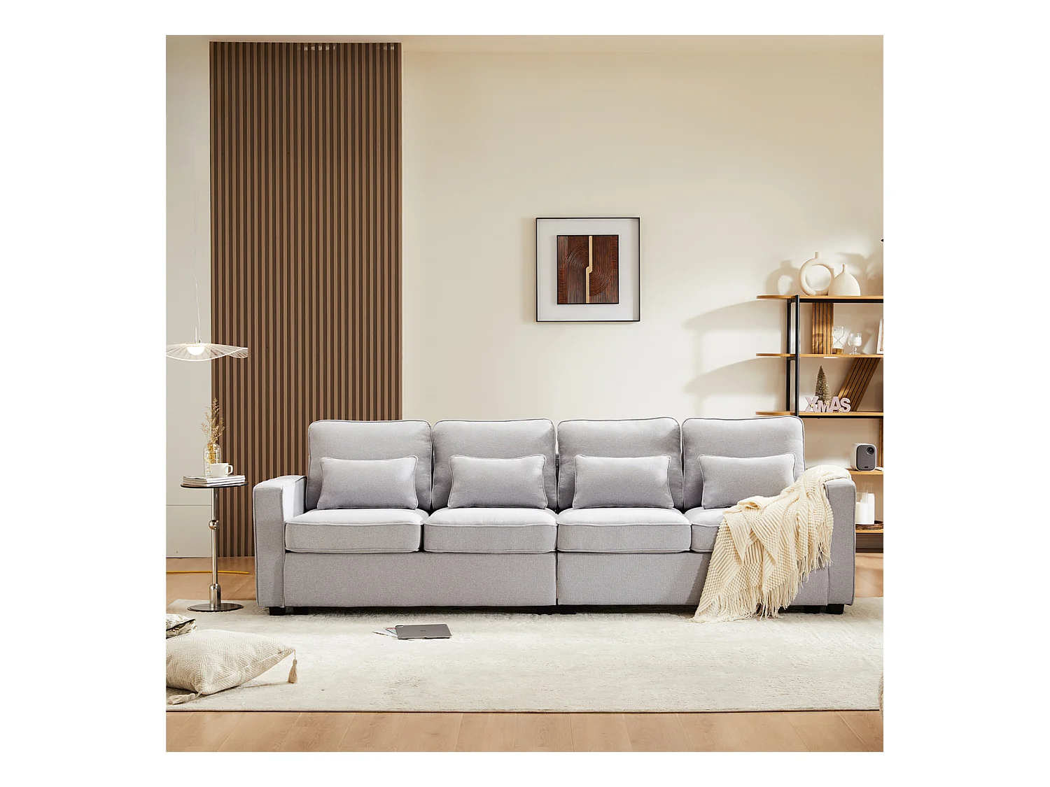 Canapé 4 places, 264x83x87cm, tissu lin, avec poches d'accoudoir et 4 coussins, style simple, pour le salon, gris clair