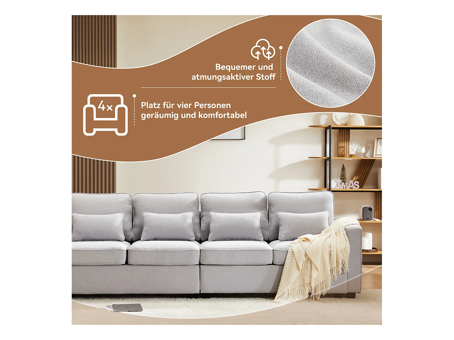 Sofá 4 plazas, 264x83x87cm, tejido de lino, con bolsillos en reposabrazos y 4 cojines, estilo sencillo, para salón, gris claro