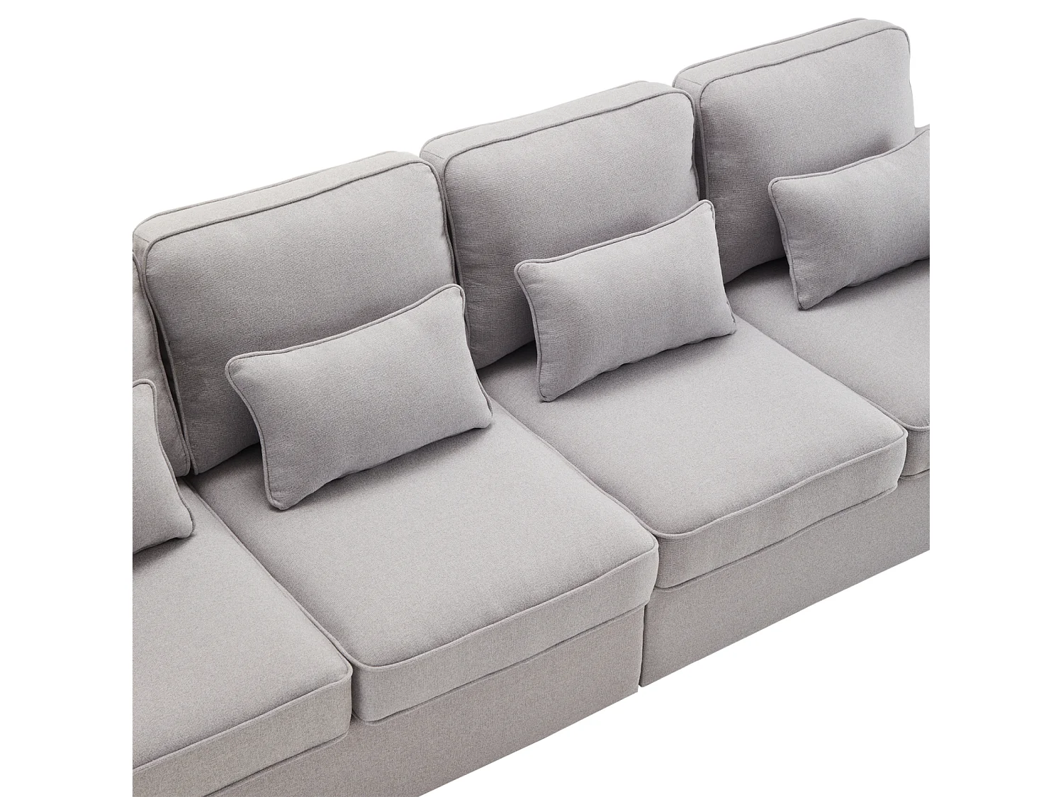 Canapé 4 places, 264x83x87cm, tissu lin, avec poches d'accoudoir et 4 coussins, style simple, pour le salon, gris clair