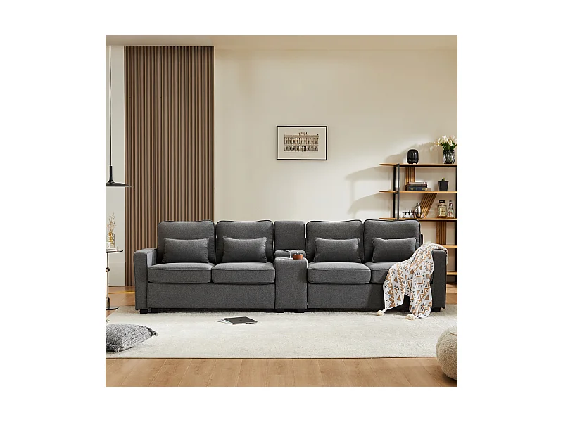 4-Sitzer-Sofa aus Leinenstoff mit Konsole, 2 Getränkehaltern, 2 USB-Anschlüssen, 4 Kissen, 290x83x88cm, dunkelgrau