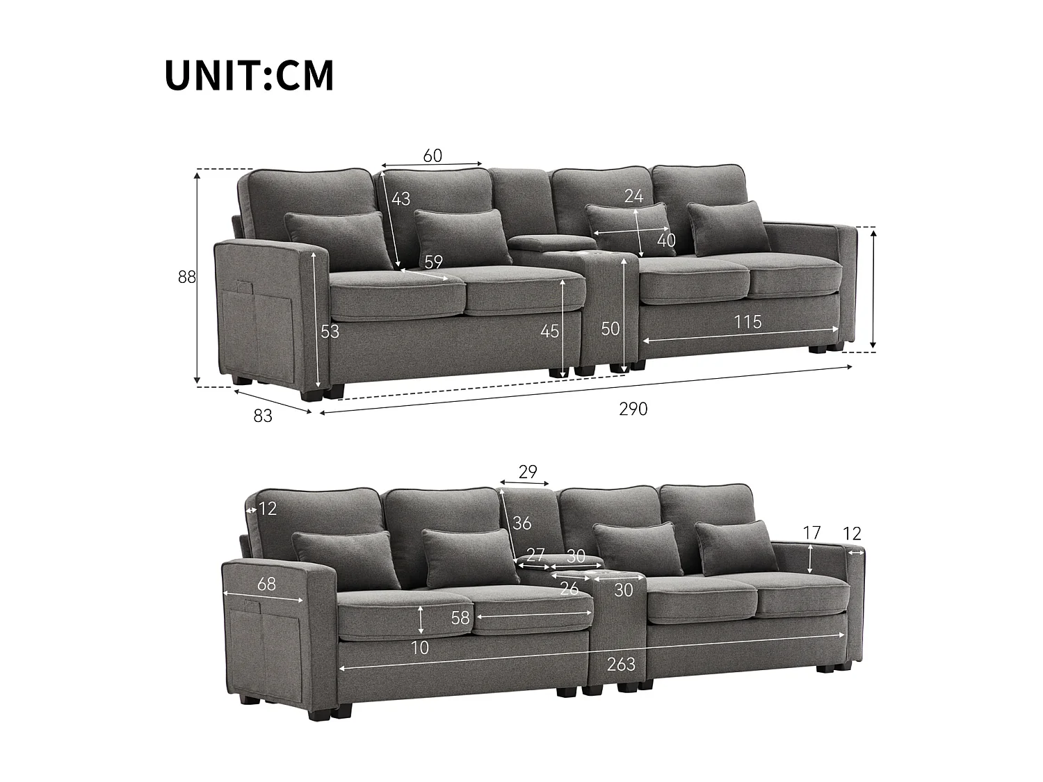 Divano 4 posti in tessuto di lino con consolle, 2 portabicchieri, 2 porte USB, 4 cuscini, 290x83x88cm, grigio scuro