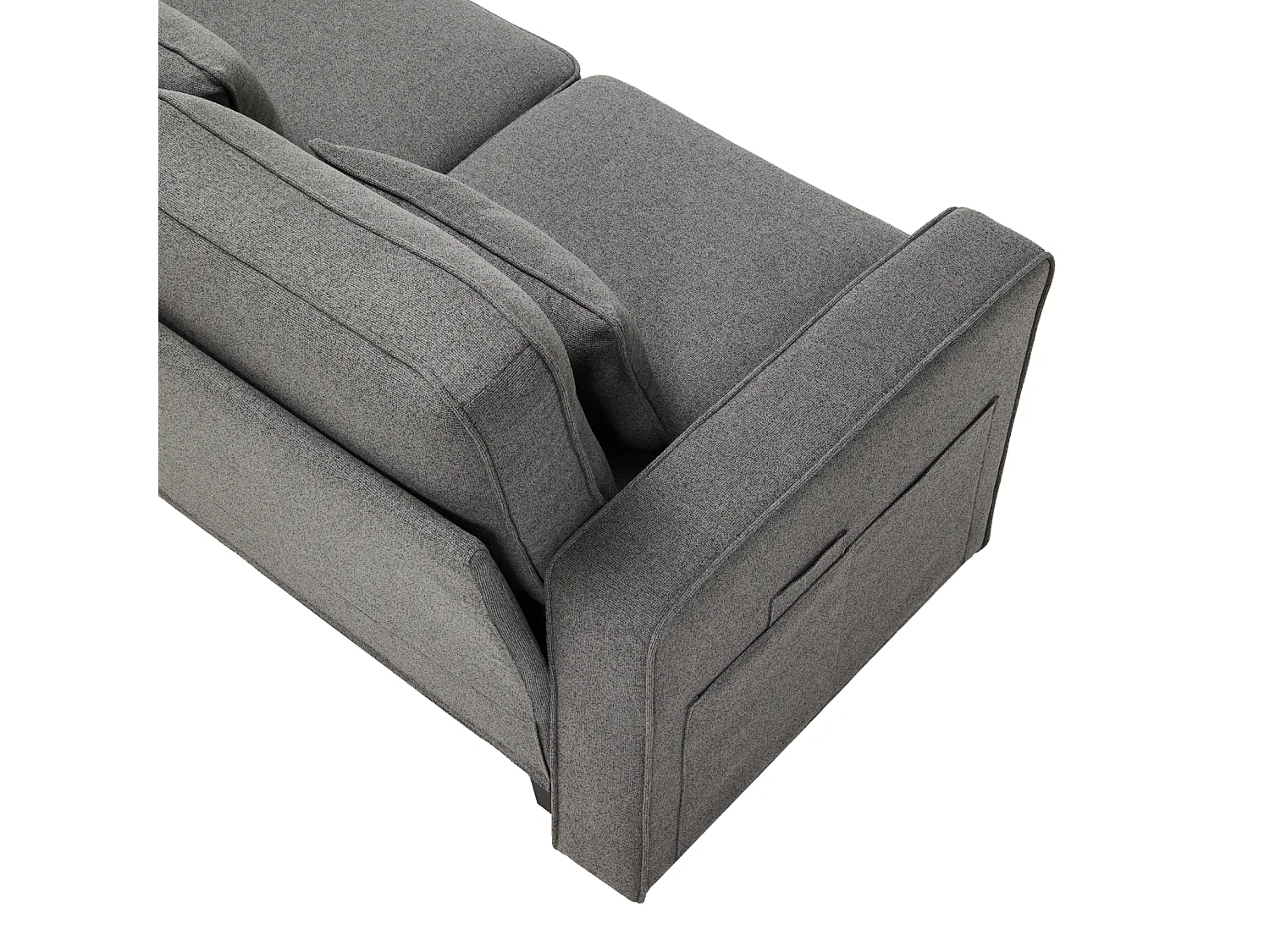 Divano 4 posti in tessuto di lino con consolle, 2 portabicchieri, 2 porte USB, 4 cuscini, 290x83x88cm, grigio scuro