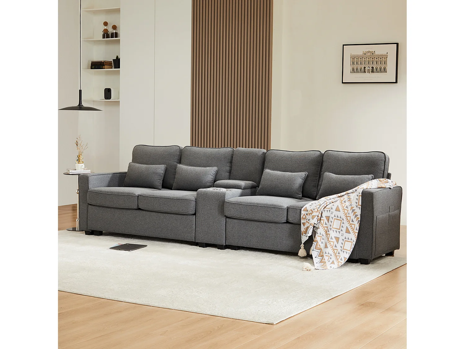 Canapé 4 places en tissu lin avec console, 2 porte-gobelets, 2 ports USB, 4 coussins, 290x83x88cm, gris foncé