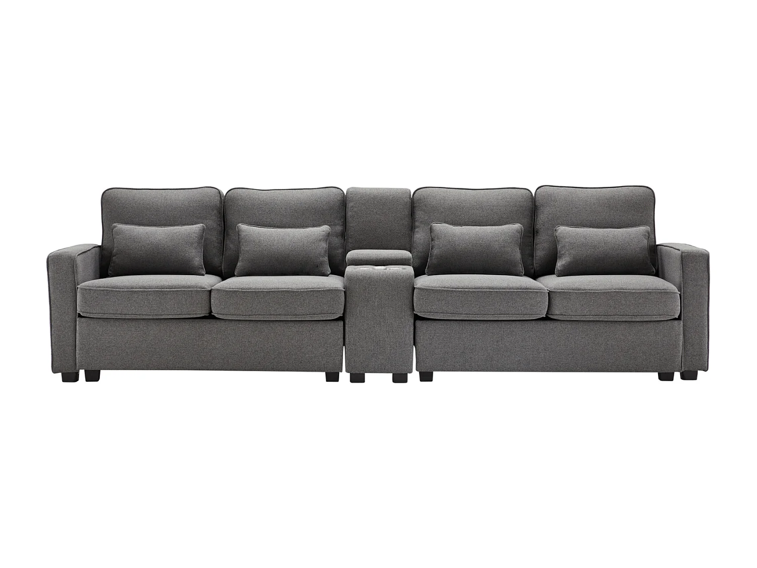 Canapé 4 places en tissu lin avec console, 2 porte-gobelets, 2 ports USB, 4 coussins, 290x83x88cm, gris foncé
