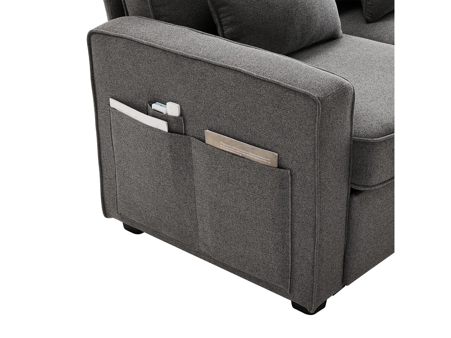 Canapé 4 places en tissu lin avec console, 2 porte-gobelets, 2 ports USB, 4 coussins, 290x83x88cm, gris foncé