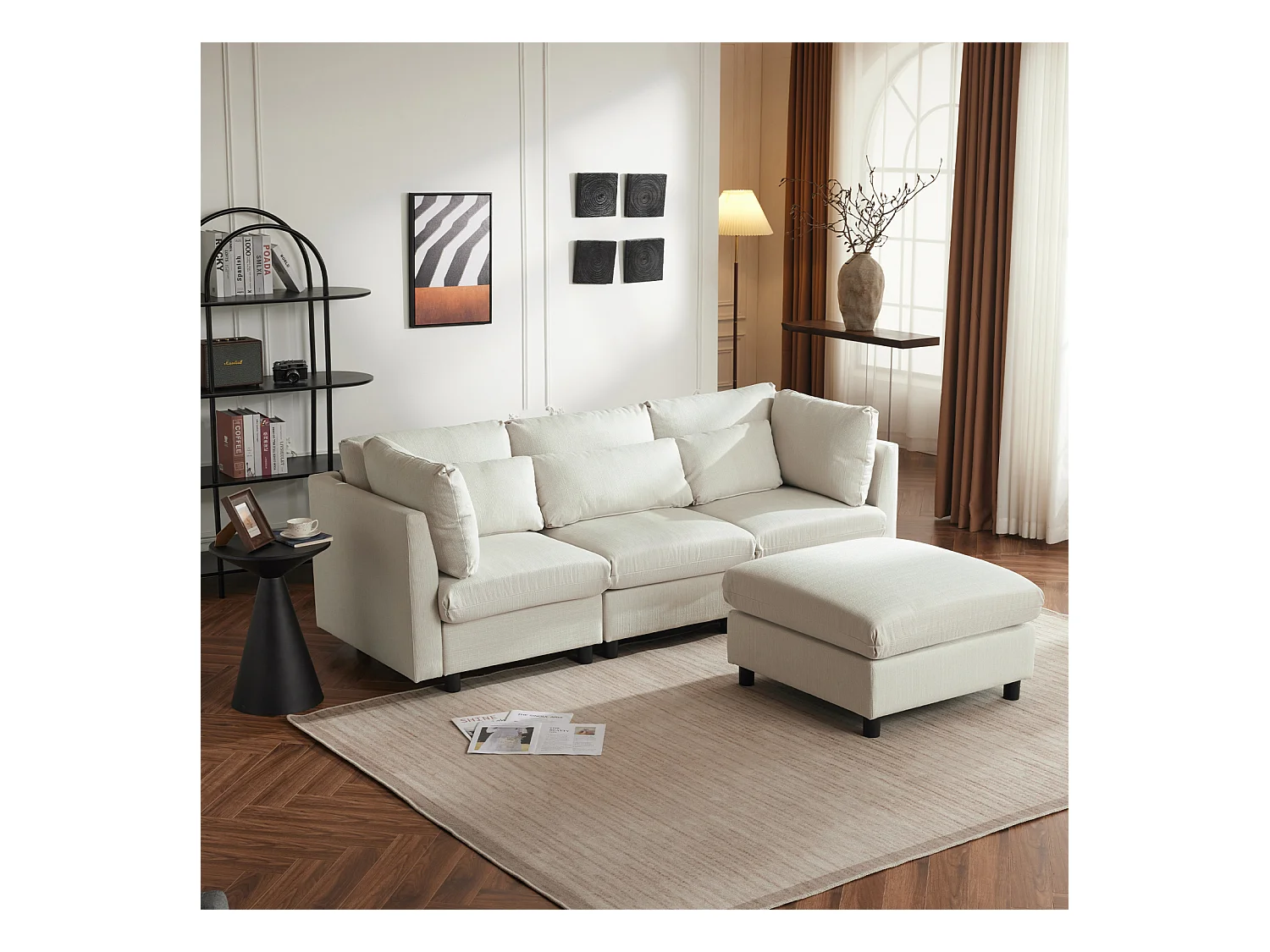 3-4 Sitzer Ecksofa, L-Form Polstermöbel, Leinenstoff, 220x83x81cm, Beige