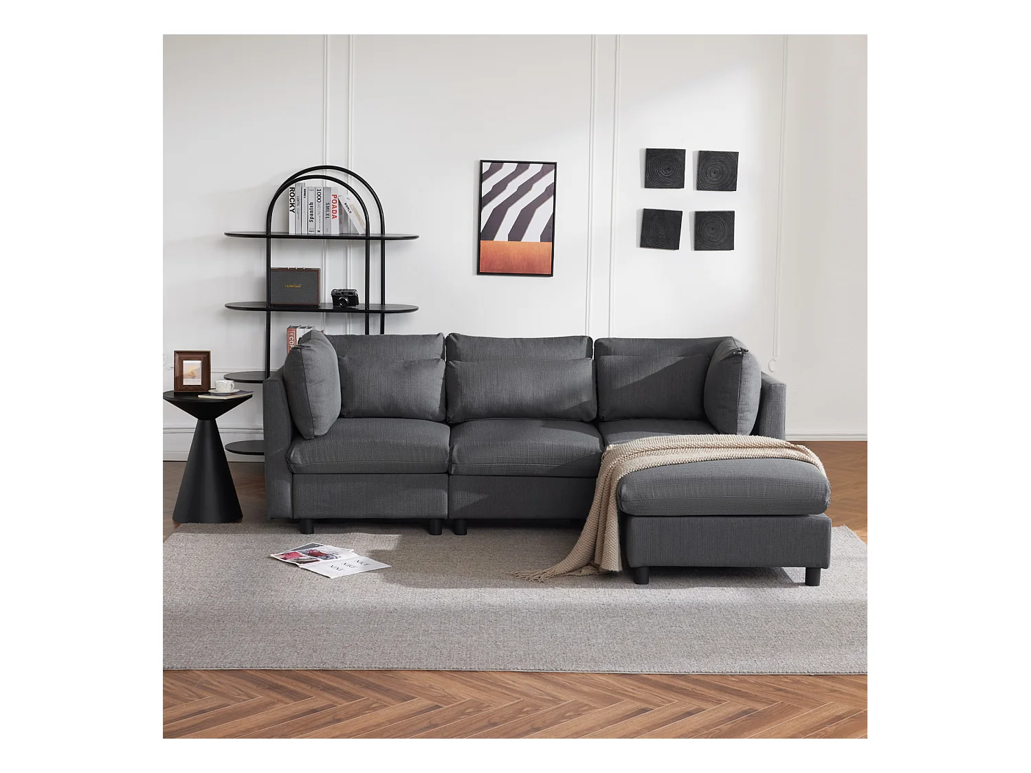 Canapé d'angle 3-4 places, meubles rembourrés en forme de L, tissu en lin, 220x83x81cm, gris