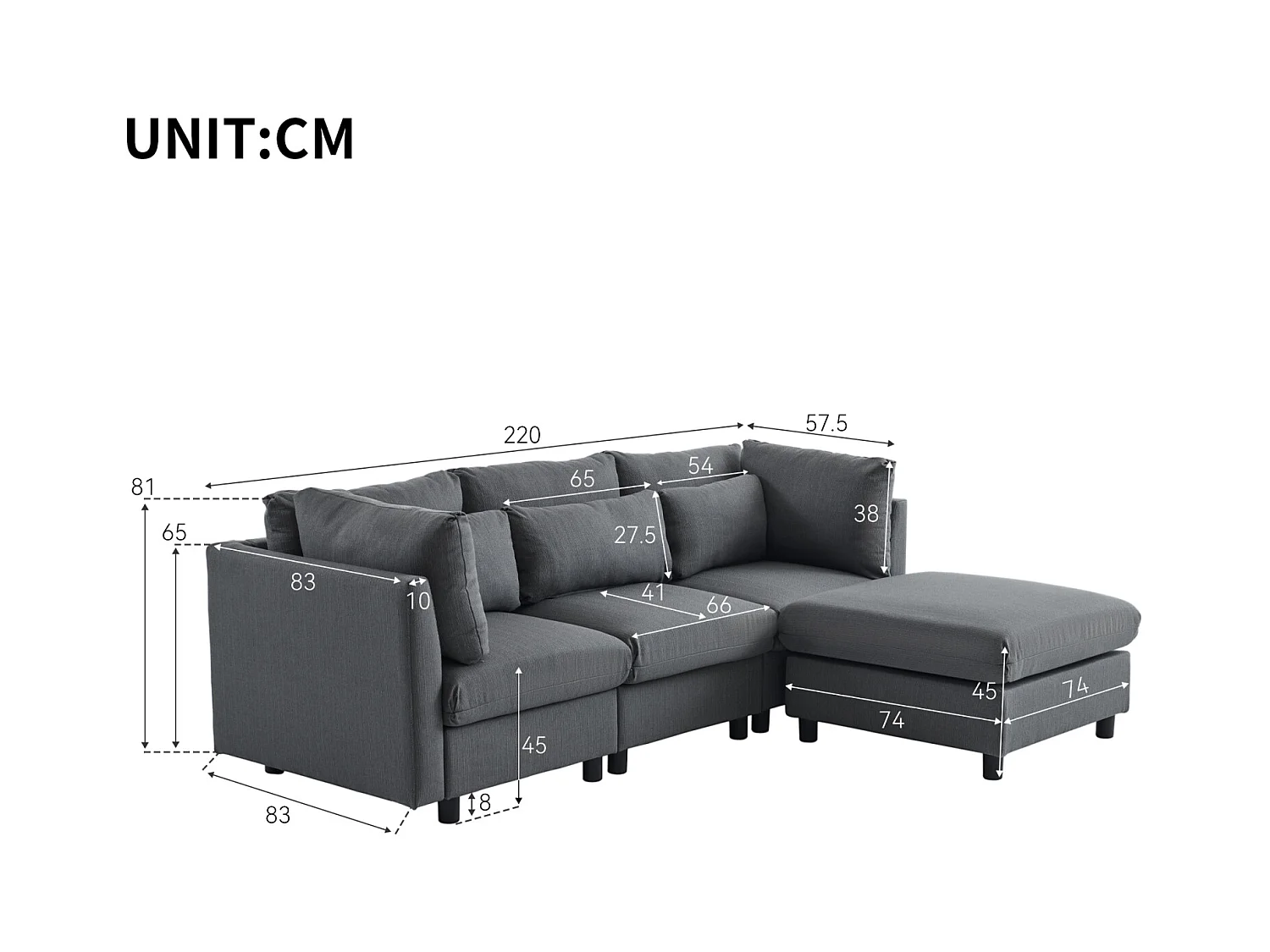 Canapé d'angle 3-4 places, meubles rembourrés en forme de L, tissu en lin, 220x83x81cm, gris