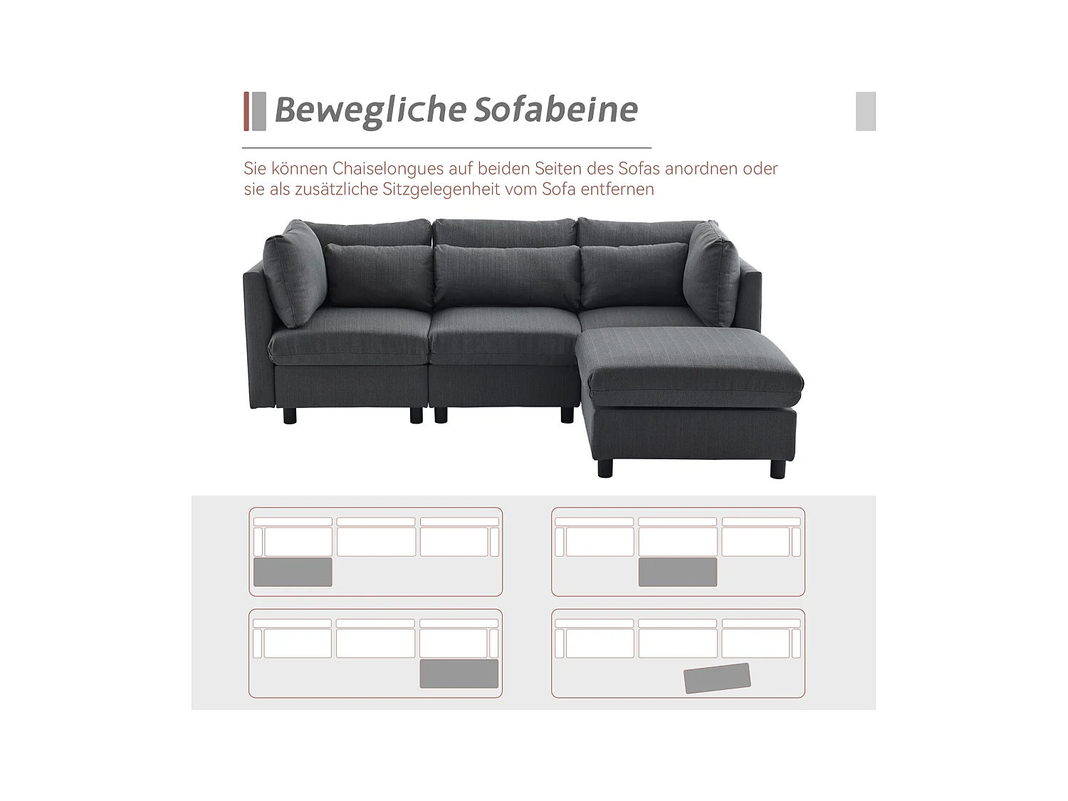 Canapé d'angle 3-4 places, meubles rembourrés en forme de L, tissu en lin, 220x83x81cm, gris