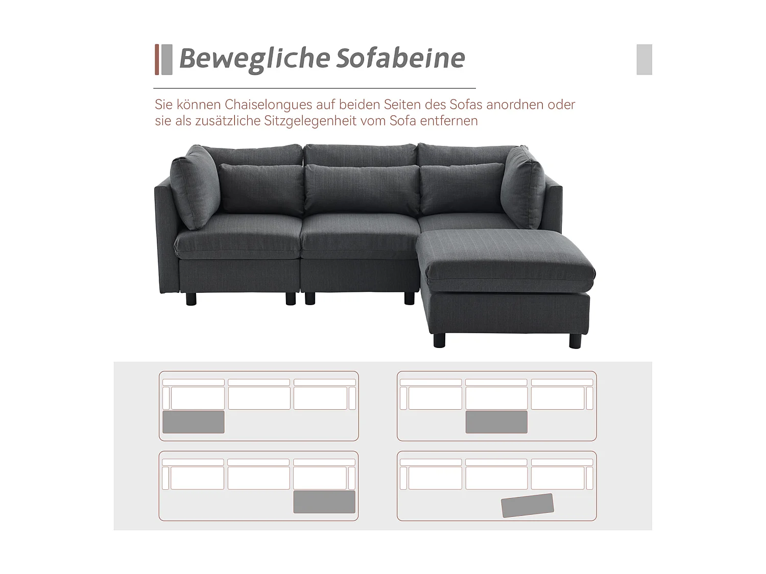 Canapé d'angle 3-4 places, meubles rembourrés en forme de L, tissu en lin, 220x83x81cm, gris