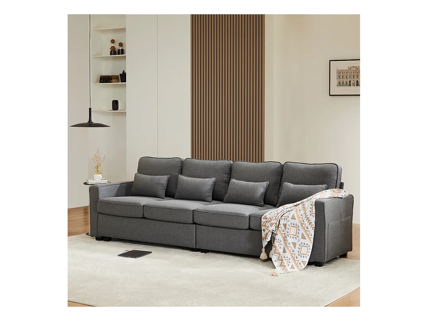 Canapé 4 places, 264x83x87cm, tissu lin, avec poches d'accoudoir et 4 coussins, style simple, pour le salon, gris foncé