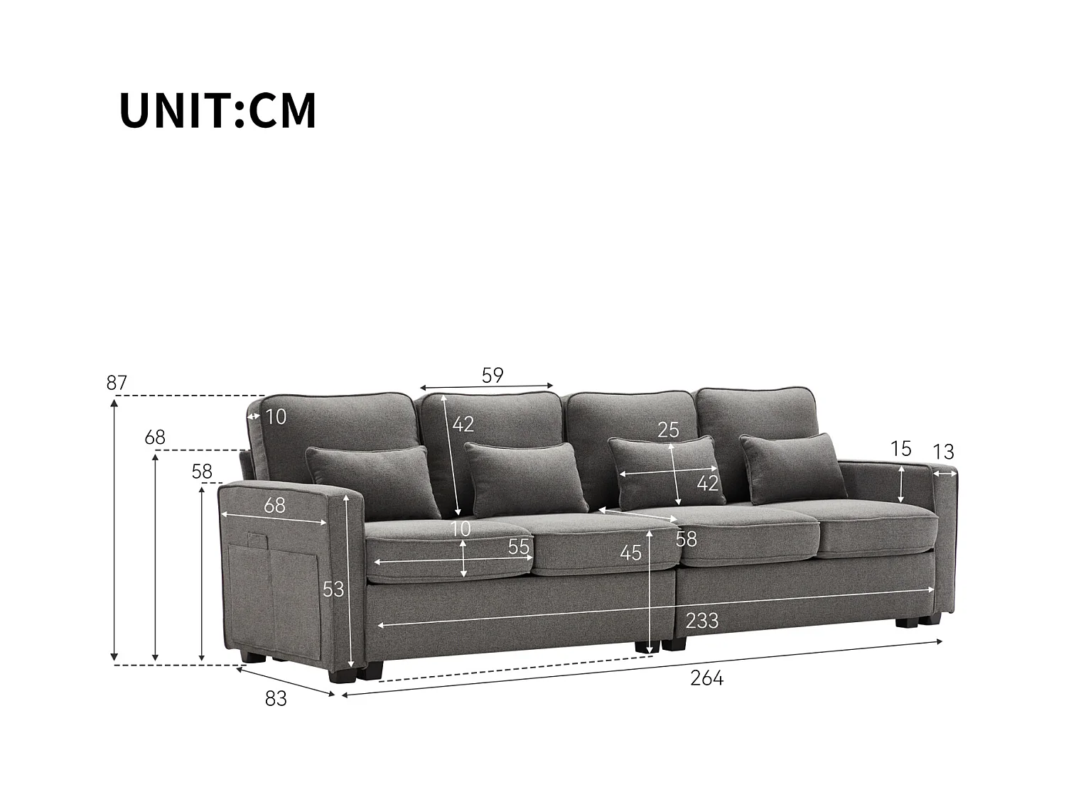 Sofá 4 plazas, 264x83x87cm, tejido de lino, con bolsillos en reposabrazos y 4 cojines, estilo sencillo, para salón, gris oscuro