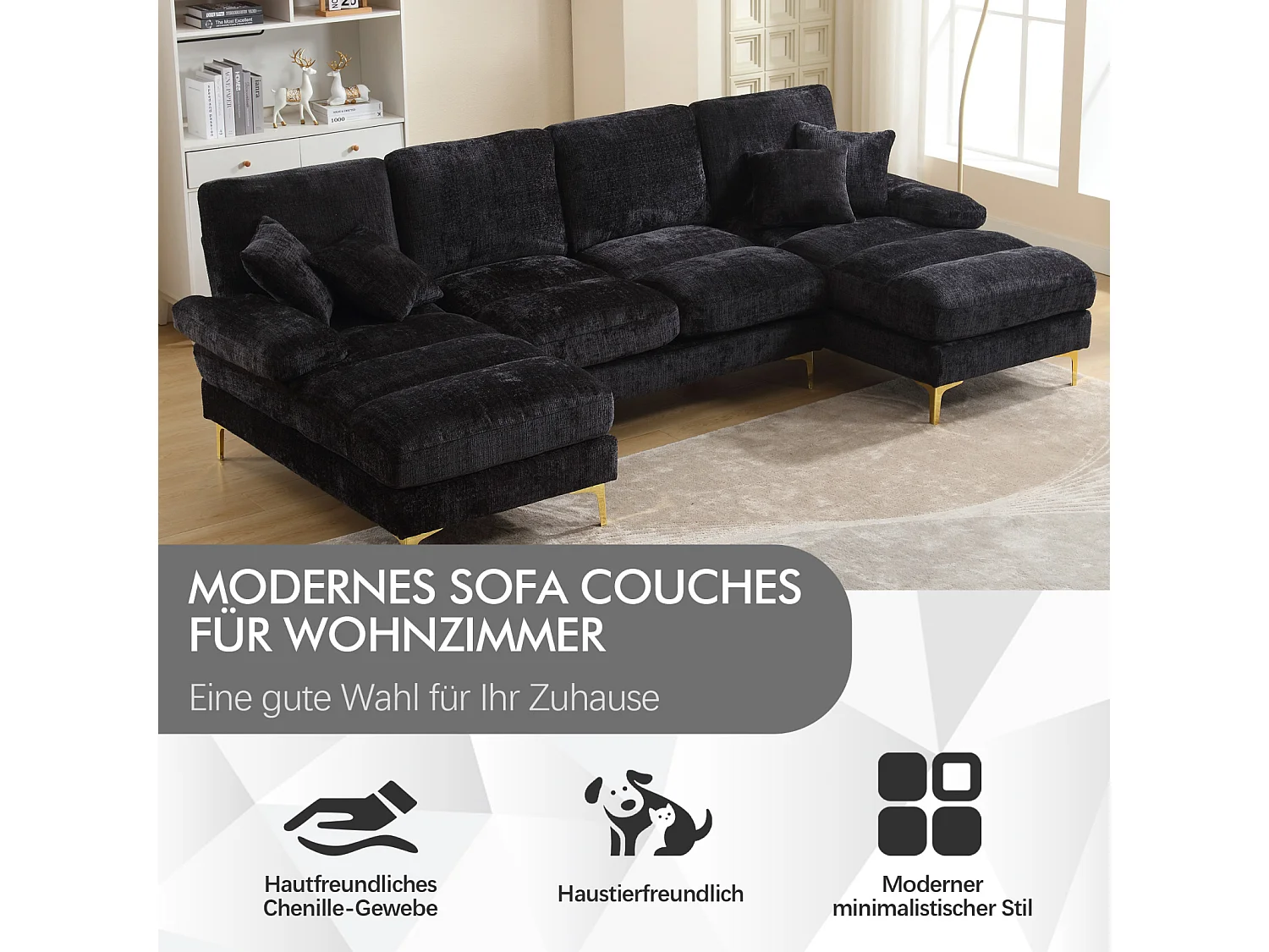 Canapé d'angle 4 places, 272x136x88cm,Grand canapé en forme de U, moderne, en tissu chenille, noir