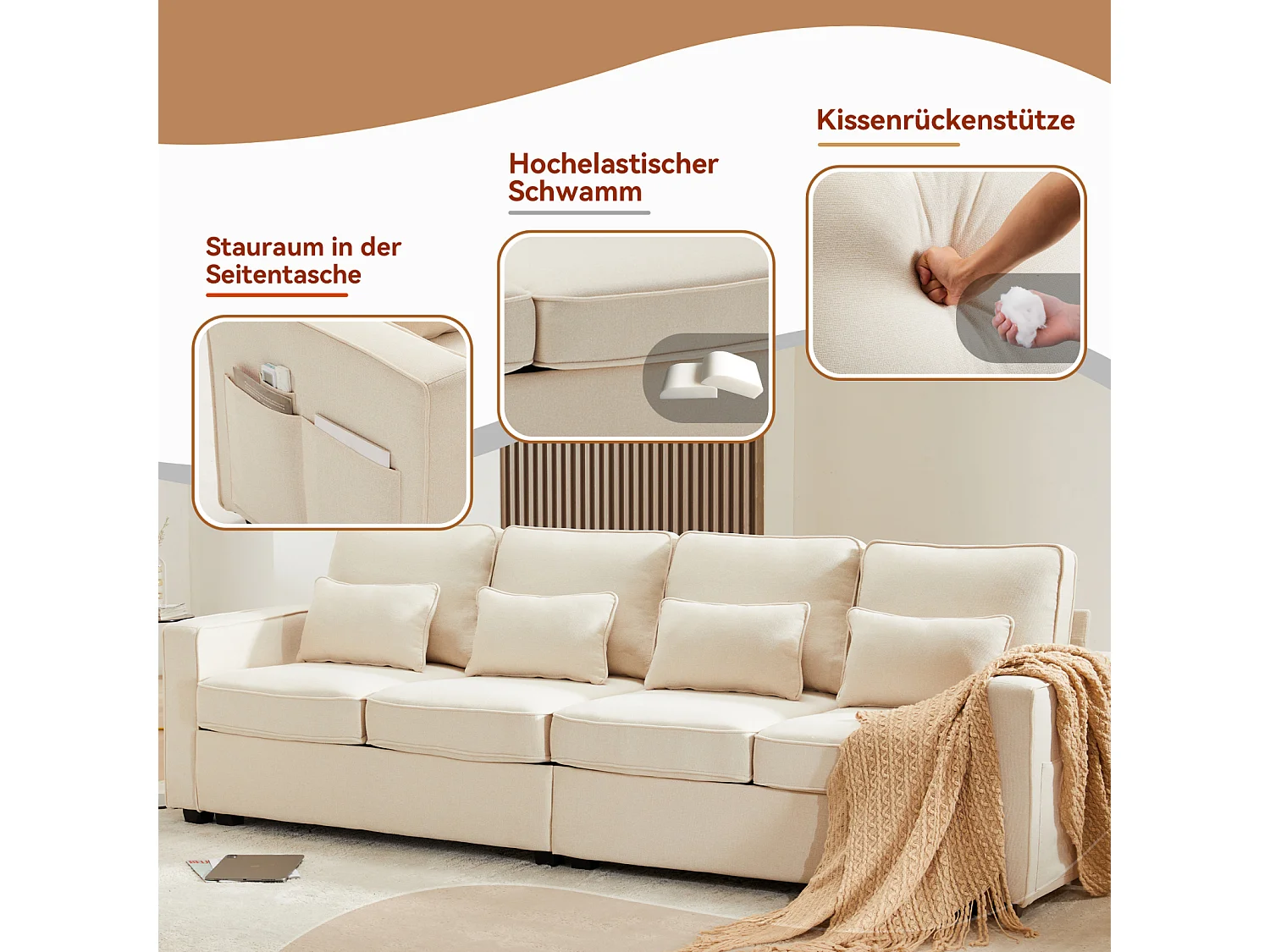 4-zitsbank, 264x83x87cm, linnen stof, met armleuningzakken en 4 kussens, eenvoudige stijl, voor woonkamer, beige