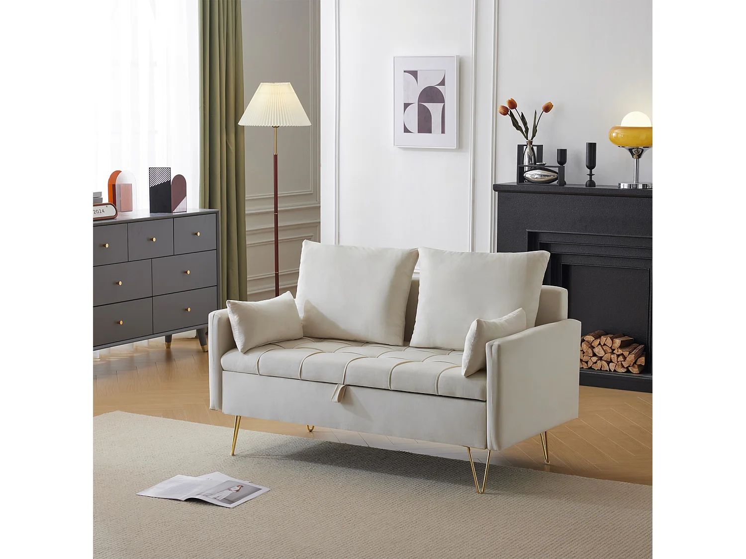 Divano 2 posti piccolo, 135x71x86cm, divano dritto in velluto, con contenitore e cuscini, gambe in metallo dorato, beige