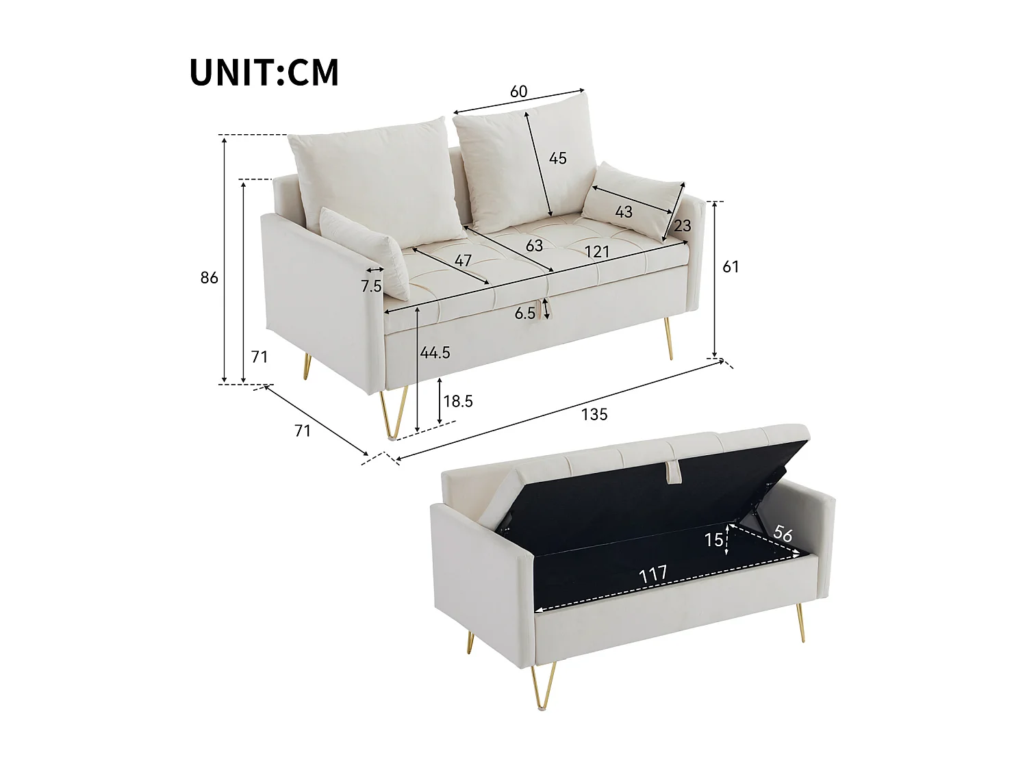 Divano 2 posti piccolo, 135x71x86cm, divano dritto in velluto, con contenitore e cuscini, gambe in metallo dorato, beige