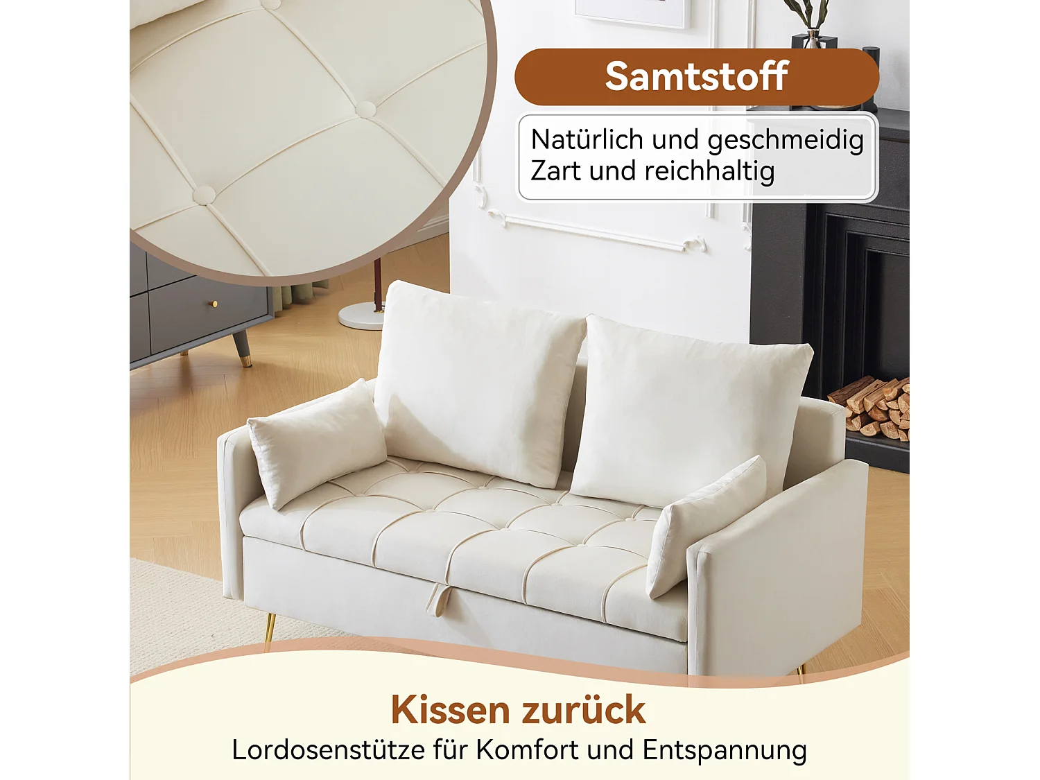 Divano 2 posti piccolo, 135x71x86cm, divano dritto in velluto, con contenitore e cuscini, gambe in metallo dorato, beige