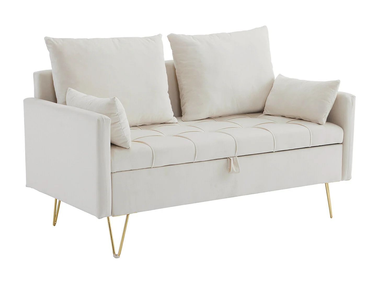 Divano 2 posti piccolo, 135x71x86cm, divano dritto in velluto, con contenitore e cuscini, gambe in metallo dorato, beige