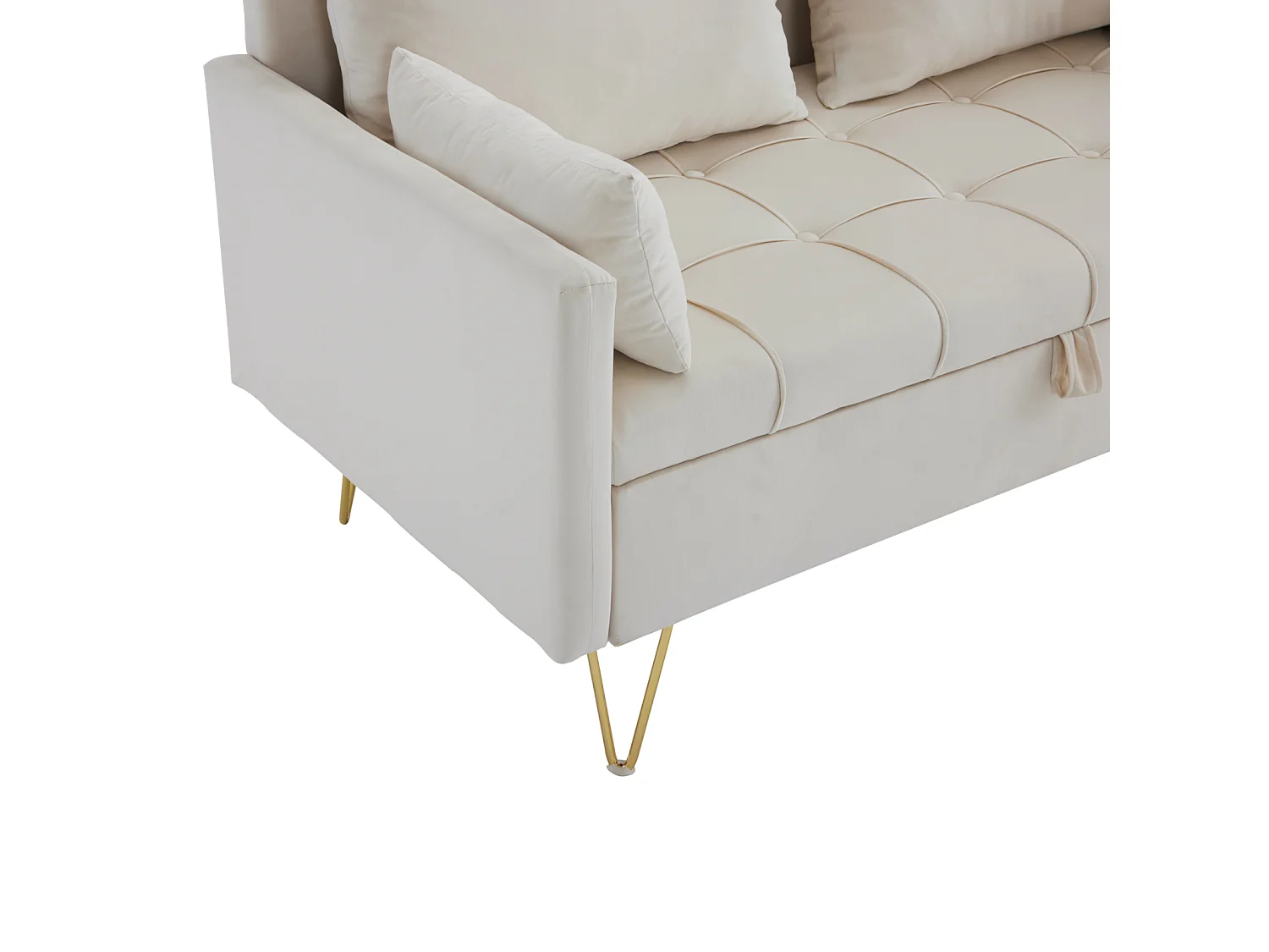 Divano 2 posti piccolo, 135x71x86cm, divano dritto in velluto, con contenitore e cuscini, gambe in metallo dorato, beige