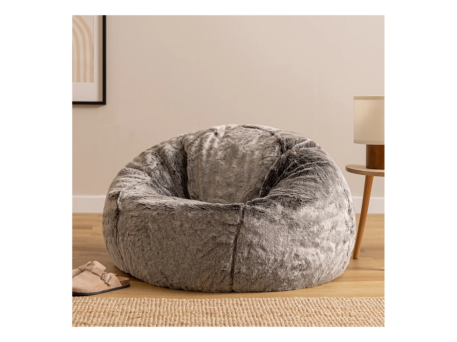 Pouf classique imitation fourrure gris loup