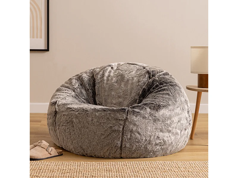 Pouf classique imitation fourrure gris loup