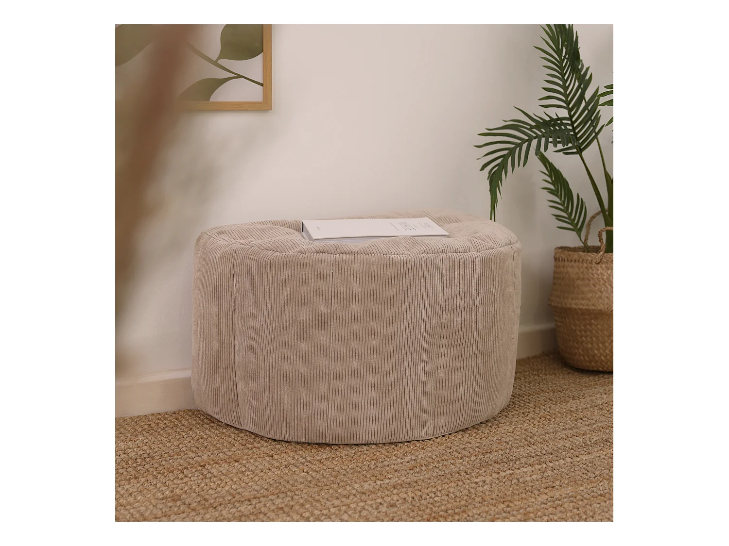 Pouf en velours finement côtelé demi-lune beige - REMI
