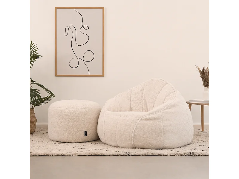 Pouf fauteuil Sherpa et repose-pieds en molleton crème - ORSO