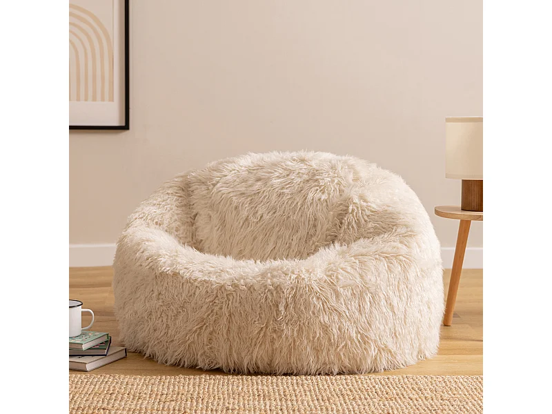 Pouf classique imitation fourrure mongole crème